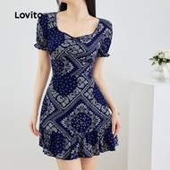 Boho Tribal Print Lace Up Plicated Dress for Women L131ED539