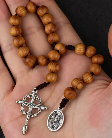 Saint Michael Guardian Angel Medal One Decade Prayer Pocket Rosary Wood Beads Tenner Rosaries Handma