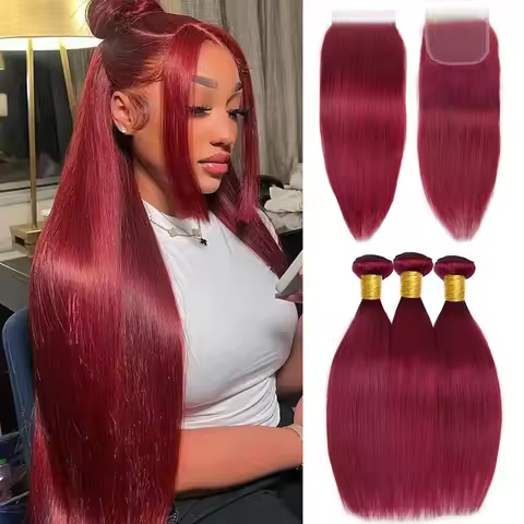12A Burgundy 99J Human Hair Bundles With 4x4 Closure Straight Bundles Human Hair Weft With Closure 1