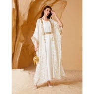 White Gold Print Abaya 2-Piece Set Muslimah Maxi Dress with Belt Elegant Open Kimono Kaftan for Eid/