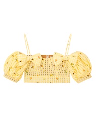 KLOSET Small Flower Embroidered Crop Top (RS23-T005) เสื้อปาดไหล่ลายสก๊อต