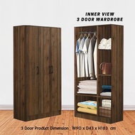 Rak Baju Almari Kayu 3 Door wardrobe Wooden Cabinet Storage Kabinet Cupboard 3 Pintu with Hanging Rod White Oak Color