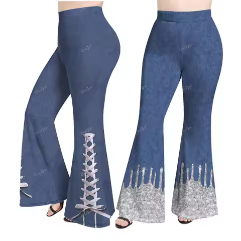 ROSEGAL Plus Size 3D Jeans Print Flare Pants Women Spring,Summer Elastic Waist Casual Trouser Mujer 