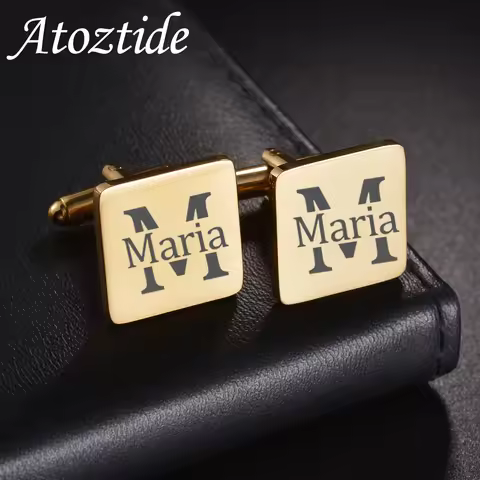 Atoztide Personalized Custom Name Cufflink for Men Shirt Cuff Buttons Round Square Engrave Logo Big 
