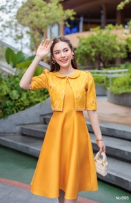 Kety Smile ชุดเดรสผ้าฝ้ายทอลาย(ว) เสื้อกั๊กแต่งปก แขนศอก กระโปรงทรงย้วย งานอัดกาวทั้งชุด ซิปซ่อนหลัง