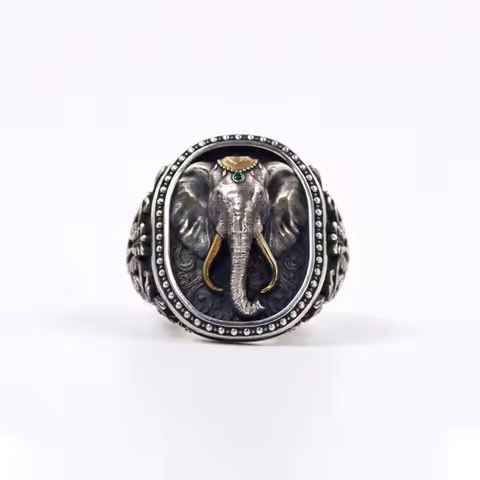 Men's Thai Silver Ganesha Amulet Ring Vintage Wide Band Spiritual Jewelry Best Gift for Men