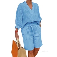 NEW Womens Summer 2 Piece Outfits Deep V Neck Linen Top and Shorts Aesthetic Clothes Set Trendy Clot
