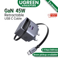UGREEN USB C Charger Plug, 45W 3-Port Fast Charger Plug with Retractable Cable, USB C Charger