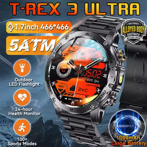 2026 Military T-Rex 3 Ultra 1000mAh Battery Smart Watch Flashlight Health Monitor 5ATM Waterproof BT
