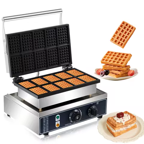 HPH2O Commercial Waffle Maker 10PCS Square Shape Waffle Machine 1550W Waffle NonStick Coating Baking