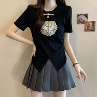 Womens Chinese style T-shirt 2024 summer new print slimming fashion loose casual patchwork top