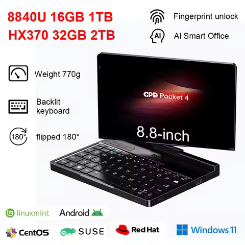 2025 Original GPD Pocket 4 8.8-inch AMD AI 9 HX 370 64GB RAM Portable Mini PC 2TB NVMe flipped 180°