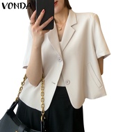VONDA Women Korean V-Neck Short Sleeves Side Pockets Casual H Line Blazer