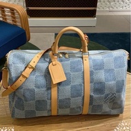 LV LOUIS VUITTON Keepall Bandoulière 50 Damier Denim 3D 牛仔 藍色 3D棉質帆布 旅行包 手提包 單肩包 斜背包 包包 行李 | N40739 