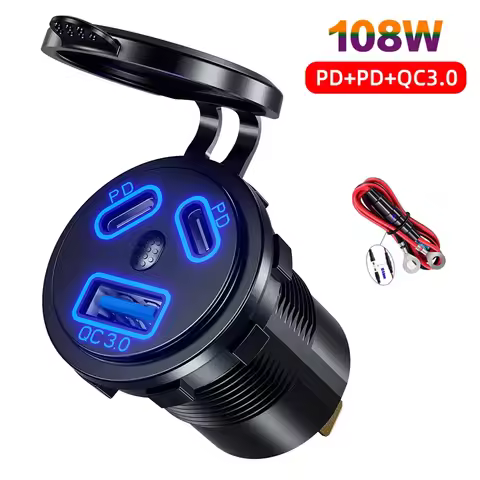 12V/24V USB Outlet 108W 3 Ports Car Charger Socket Dual 45W PD Type C & 18W QC 3.0 Motorcycle Socket