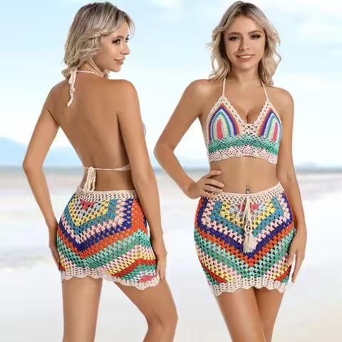 Micro Bikini Women Handmade Crochet Knit Swimwear Halter Patchwork Bathing Suit Swimsuit Biquini Tho