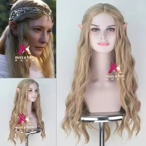 Halloween women Galadriel wig Elf pointy ears role play long golden wavy hair Elf queen Cate Blanche