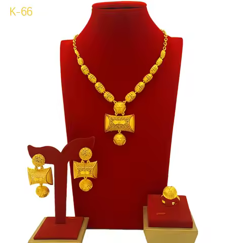 Round Bead Necklace Earrings Ring Set Women's 24K Gold AU999 - Smooth beads, matching set, women's 2