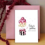 40th Birthday Card For Her - Elegant Pink And Golden Balloon Design With "Forty And Fabulous" Text, 