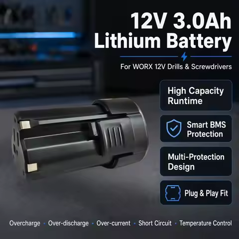 Rated 12V 3.0Ah lithium battery compatible with WORX screwdriver BMS full protection long battery li