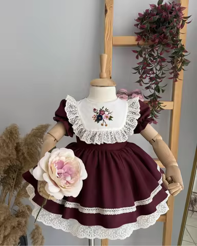 0-12Y Baby Girl Summer Flower Handmade Embroidery Burgundy Dress for Christmas Birthday Holiday Phot