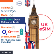 [ UK ] eSIM with Unlimited Calls Data and Texts eSIM for UK - Delivered via Email - Airhub in Partne