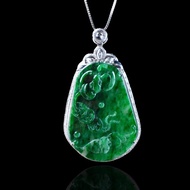 辣綠花青翡翠古錢福牌項鍊18K金鑽石 | 天然緬甸玉翡翠A貨 | 送禮