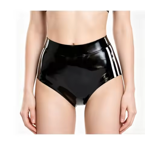 Women Glossy Latex Briefs Tight Rubber Shorts Double Side Stripes Cosplay Wear