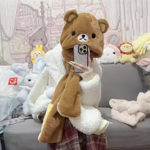 Rilakkuma Plush Winter Hat Scarf Gloves Set for Women Girls Cute Ear Muff Face Warmer Gift