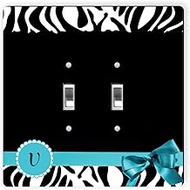 41732 Double Toggle Letter" V" Sky Blue Zebra Bow Monogram Design Light Switch Plate
