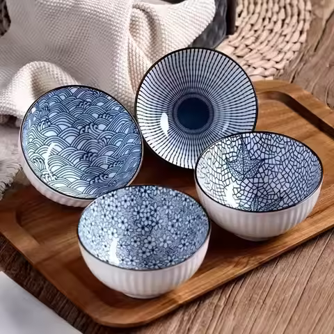 4pcs Multi-Functional Cereal Bowl Set Japanese Ceramic Bowls 11.43cm Versatile for Various Foods