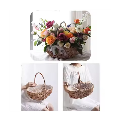 Handwoven Flower Girl Basket with Handle, Willow Storage Basket Empty Wicker Picnic Basket, Wedding 