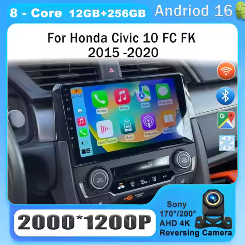 For Honda Civic 10 FC FK 2015 -2020 Car Radio Multimedia Video Player Navigation GPS Carplay QLED 4G