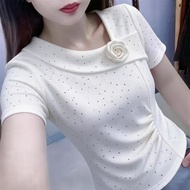Gypsy Sequins Slant Neck Removable Rose Decorated T-Shirt Solid Color Top