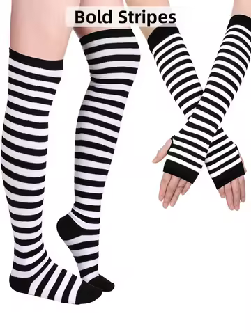 1 Set Gothic Punk Thigh High Socks Arm Sleeve Gloves Women Cotton Long Stripe Printed Over Knee Sock