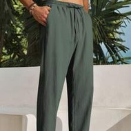 Men's Olive Green  Beach Trousers Summer Lightweight Drawstring Yoga Pants Loose Fit Crinkle Fabric 