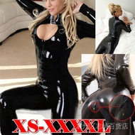 Ladies paint leather catsuit PVC latex bodysuit front zipper open crotch stretch clubwear plus size