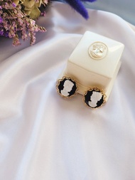 美國西洋古董飾品 / 法式蕾絲邊cameo仕女優雅夾式耳環復古珠寶