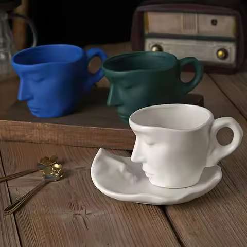 260ml Creative Face Shape Porcelain Cup and Saucer Ceramics Tea Cup Artistic Kiss Ceramic Coffee Cup
