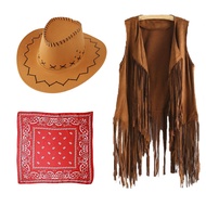 PESENAR Womens Western Cowgirl Costume 70s Hippie Tassels Fringe Vest outfit Hat