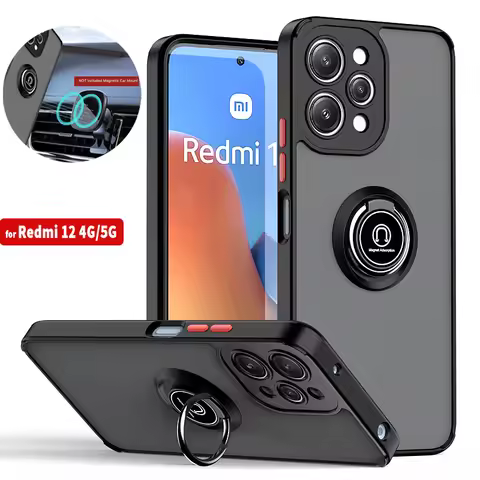 Matte Armor Hard PC Case For Xiaomi Redmi 12 4G 5G Car Magnetic Holder Ring Kickstand Phone Cover fo