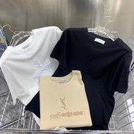 YSL 2024 Summer New Heavy Industry Embroidered Logo Letters Round Neck Short Sleeve Loose Version Pure Cotton T-Shirt Ve