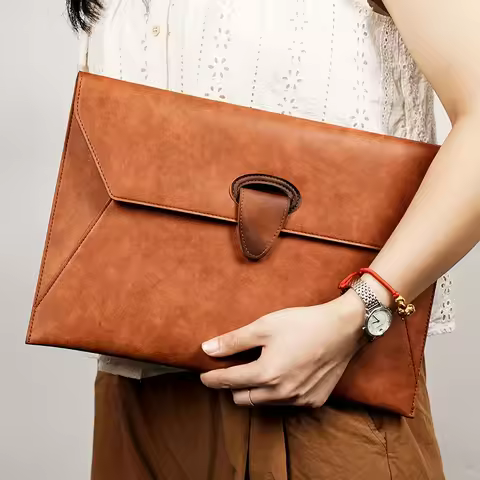 1pc Vintage Brown A4 File Folder with Magnetic Snap, 2-Pocket Leather-like Portfolio Organizer for D