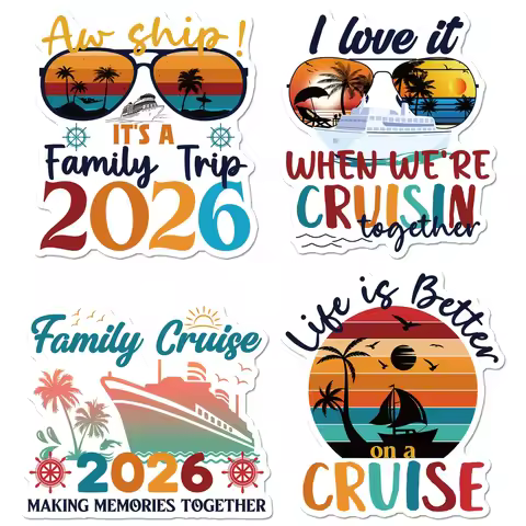 4-Piece Vintage Family Travel 2026 Cruise Tile, Nautical Vacation Cabin Door Fridge Sticker Decorati
