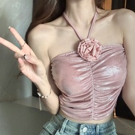 DXSS เสื้อสายเดี่ยวลายดอกไม้เข้ารูปคล้องคอแต่งระบายเปิดหลังเปิดหลังคอ Y2K เสื้อกระชับสัดส่วนน่ารักหว