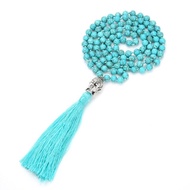 ZZOOI 6/8mm Blue Turquoise Beads Knotted 108 Japa Mala Necklace Meditation Yoga Praying Tibetan Tass