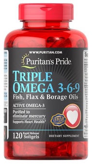 Puritan's Pride - 奧米加3-6-9 (亞麻籽油、魚油、月見草油和琉璃苣油專利配方) 120粒 [此日期前最佳2026年7月底]