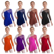 Girls Figure Ice Skating Dress Gymnastics Dance Ballet Tutu Leotard Costumes Long Sleeve Rhinestone 