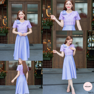 ชุดเดรสผ้าทอลายสิริวชิราภรณ์ แต่งโบว์ไหล่1ข้าง แขนกระบอก กระโปรงบาน ทรงย้วย อัดกาวทั้งชุด ทุกชิ้น ซิ