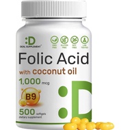 DEAL SUPPLEMENT Folic Acid 1000 mcg (1 mg), 500 Coconut Oil Softgels | Bioavailable Prenatal Vitamin